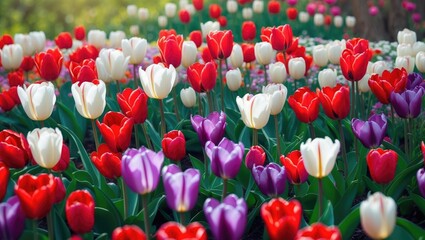 A vibrant spring scene featuring a colorful tulip flowerbed in full bloom, displaying a variety of red, white, and purple tulips.