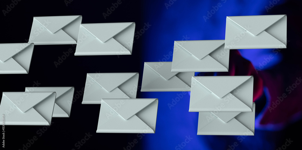 Poster abstract image of numerous grey envelopes, seemingly floating against a vibrant blue and purple back