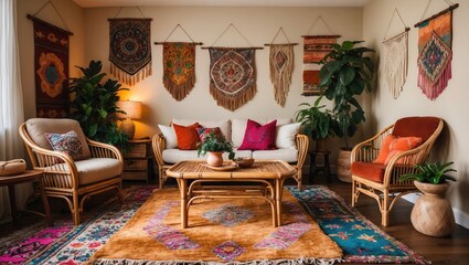 A cozy living room featuring ethnic boho decor, including a bamboo coffee table, carpets, rattan furniture, and a cushioned armchair within an apartment.