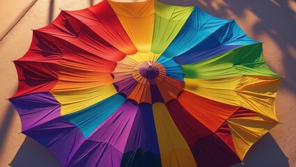 A vibrant umbrella positioned beneath sunlight.