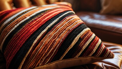 A vibrant striped cushion enhances the charm and comfort of a cozy chair in any living space.