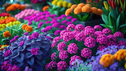 A vibrant flower bed displays bright blooms among diverse greenery, presenting a stunning and balanced garden scene full of vitality.