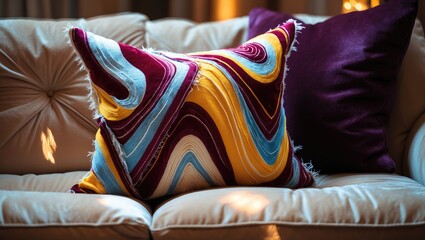 A vibrant geometric decorative pillow positioned comfortably on a couch for both style and comfort