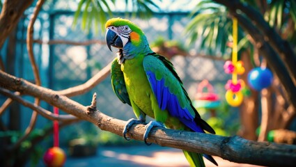 A vibrant lilac-crowned parrot sitting on a branch.
