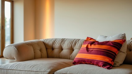 A spacious living room features a comfortable couch adorned with an orange and red cushion, with a photo containing copy space displayed on an empty white wall.