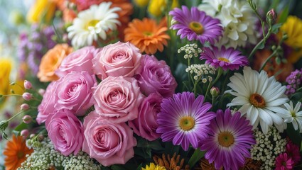 A colorful combination of blooming flowers featuring purple chrysanthemums and bright red roses.