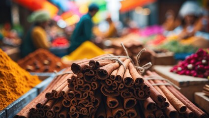 A vibrant arrangement of bundled cinnamon sticks.