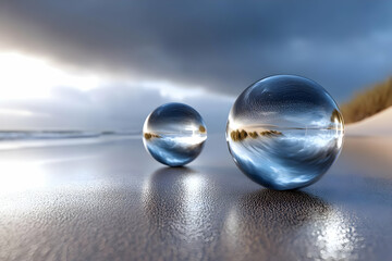 Two glass spheres on a sandy beach reflecting the sky and ocean, creating a serene coastal atmosphere.