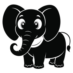 Adorable baby elephant smiles with large ears in simple black and white animal drawing