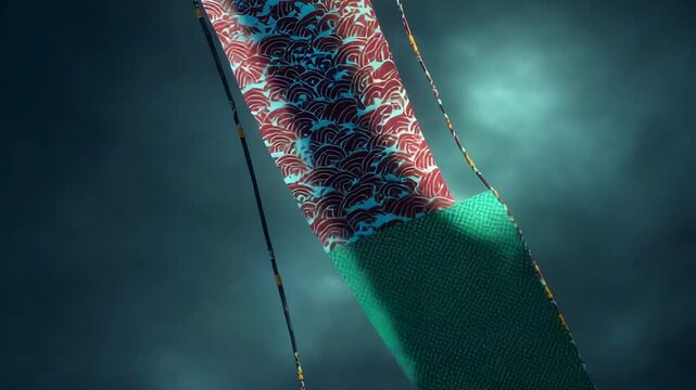 Colorful kite banner against a stormy sky