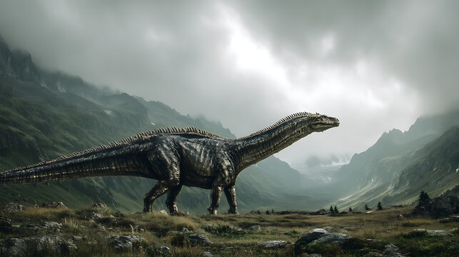 A majestic dinosaur traversing a misty valley, surrounded by towering mountains and dramatic clouds