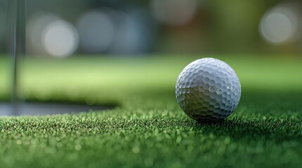 Golf ball near pin with slight green slope, close victory.