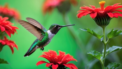 Fototapeta premium A female Ruby Throated Hummingbird feeds on a bright red Zinnia flower.