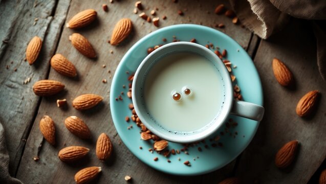 A rustic table featuring a cup of almond milk alongside almond nuts.