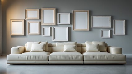 Fototapeta premium A modern living room featuring a couch and vacant frames.