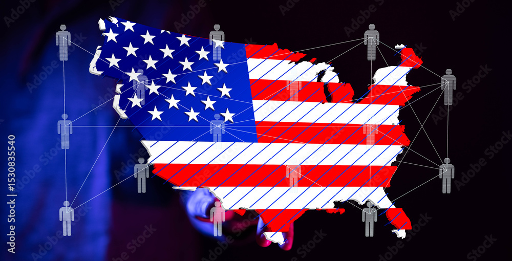 Poster Network map overlayed on US flag, visualizing connections across the nation.