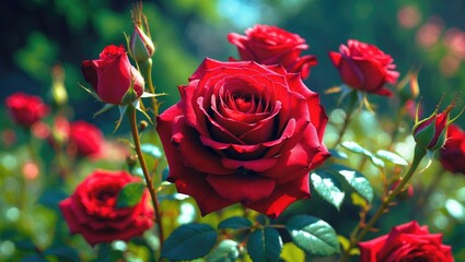 A deep red rose in full bloom accompanied by rosebuds and green leaves, positioned in a sunlit garden setting.
