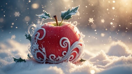 A close-up of a festive apple with frosted artwork is displayed in the snow.