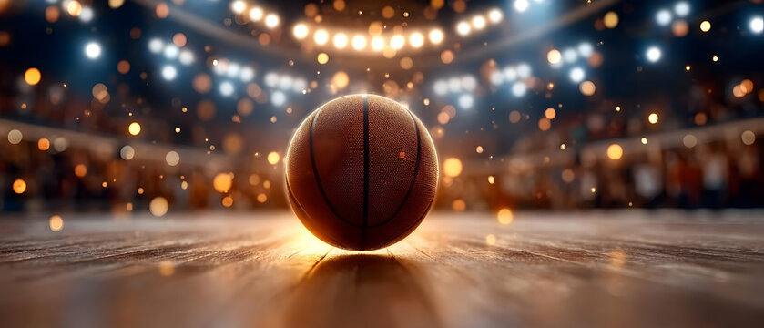 A basketball sits center stage in an arena, illuminated by bright lights, showcasing excitement and energy.