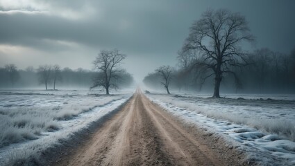 Obraz premium A snowy road during winter following a snowfall, with snow-covered terrain and melted snow on an asphalt road in winter