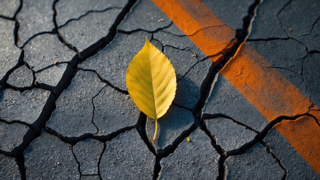 A dry yellow leaf lies on a concrete surface with orange markings. - Powered by Adobe