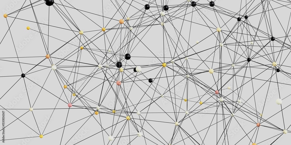 Poster Abstract image depicting a complex network of interconnected nodes. Ideal for technology, data, and connectivity concepts.