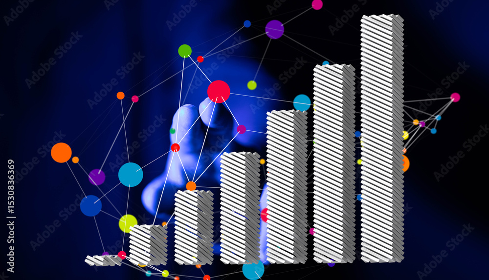 Poster Abstract image of hand interacting with a 3D bar graph, showcasing data growth and connectivity.