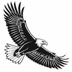 Majestic monochrome eagle soars powerfully with its broad wings against a bright background