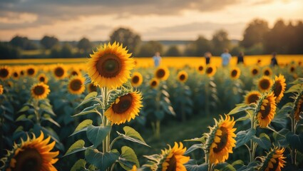 Obraz premium A couple observes as the sun sets behind the trees of a sunflower field in Yellow Springs Ohio.