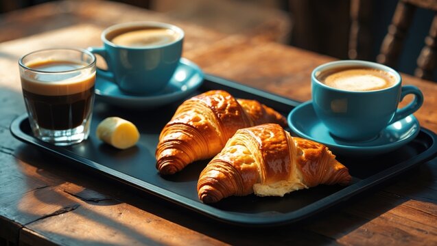 A tasty breakfast featuring assorted food items presented on a black tray placed on a table, with a beverage glass close by.