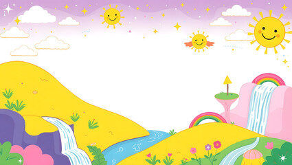 Cartoon Landscape: Captivating cartoon scenery, illustrating a cheerful and joyful environment with smiling suns, rainbows, and a dreamy atmosphere. A charming visual for design projects