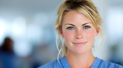Obraz premium Professional young female nurse in blue scrubs smiling gently, head and shoulders portrait with soft window lighting and blurred hospital background, healthcare and medical concept.