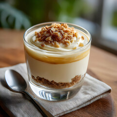 Delicious layered dessert with cream, caramel, and crunchy topping in a glass served on a wooden table.