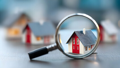 A magnifying glass focuses on a miniature house, symbolizing attention to detail in real estate and architecture.