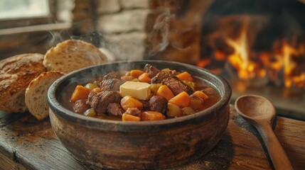 Fototapeta premium Earthy Toned Still Life Featuring a Rustic Bowl of Hearty Stew Topped with Melting Butter by a Crackling Fireplace with