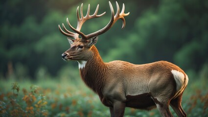 A detailed close-up portrait of the head and shoulders of a red deer stag, highlighting the antlers in profile against a blurred background.
