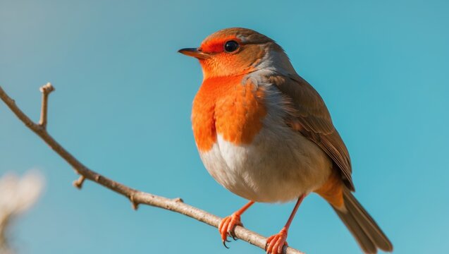 A closeup of a European robin bird perched on a tree branch isolated against a blue background.