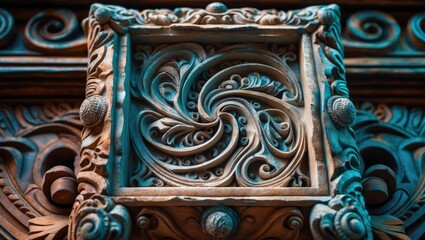 A detailed close-up of a carved stone frame, highlighting intricate craftsmanship and ornate design, which seems to be part of a larger structure.
