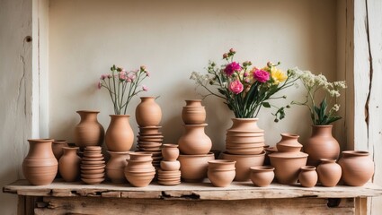 A collection of clay pots and flower vases arranged on a shelf.