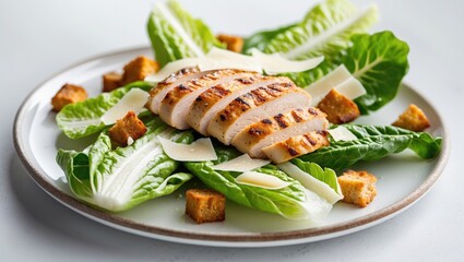 An overview of a classic Caesar salad featuring grilled chicken fillet and parmesan cheese.