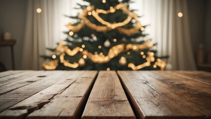 A Christmas tree decorated with hazy gold garland in the background and a wooden tabletop in the front, suitable for a montage or display image with copy space.