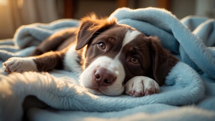 A close-up of an adorable puppy peacefully resting on a soft blue blanket, highlighting its black-and-white fur and lovable face in a cozy indoor environment.