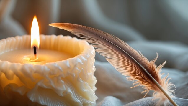 A close-up of a white candle, its light shining on a competing feather behind it, with a gentle, warm atmosphere.
