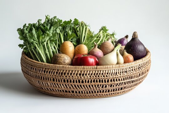 Still life presents assorted colorful produce overflowing from a woven basket against a neutral background showing healthy and locally grown food