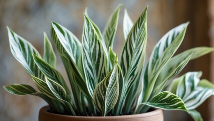 A close-up side perspective of sword-shaped decorative leaves featuring white and green variegated margins on a potted plant.