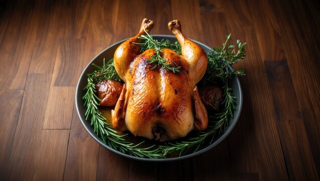A Christmas-themed whole roast chicken set against an upward-facing hardwood background.