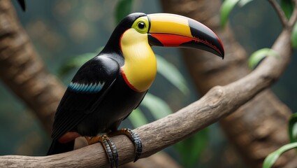 A channel-billed toucan perches on a tree branch. Stunning exotic bird Ramphastos vitellinus.