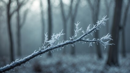 A close-up of a tree branch coated with a delicate frost layer, highlighting the beauty of nature.