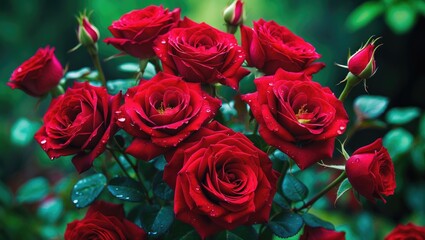 Obraz premium A cluster of red rose blooms featuring Rosa 'Bordeaux' (Korelamba), a floribunda rose developed by Kordes Roses.