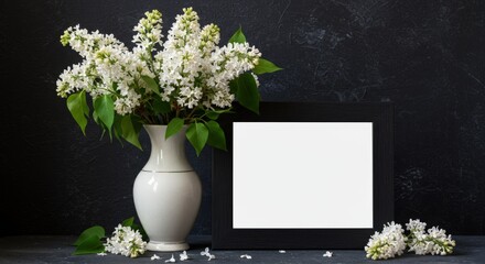 White lilac flowers in a vase next to a blank picture frame on a dark background